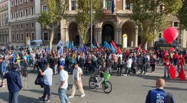 Bus and tram drivers protest in front of the Ministry of Infrastructure and Transport in Rome.