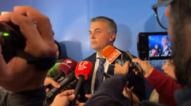 Edoardo Rixi, Deputy Minister of Infrastructure and Transport, speaks to journalists on the day of the national strike of local public transport workers called by the bus, tram and rail unions.