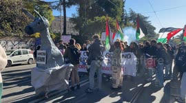 Students protest against University Minister Anna Maria Bernini during the No Meloni Day protest march in Rome.