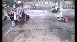 Truck loses control and crashes into gasoline station in Cirebon, West Java, Indonesia