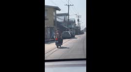 Pet lover rides motorcycle with four toy dogs