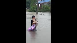 Child carries multiple cats through floodwaters in Setiu, Terengganu, Malaysia