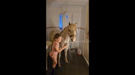 Young girl caught by her mum showering her pet pony INDOORS