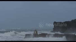 Storm Darragh batters the coast at Portreath in Cornwall this morning