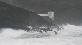 Storm Darragh, Huge wild seas crash into Lewinnick cove Cornwall, UK