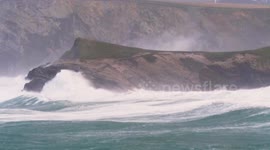 Storm Darragh, 60 foot waves envelope Trevelgue Island, North cornwall, UK
