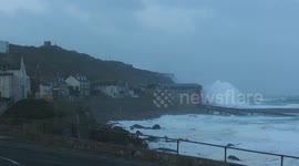 Storm Darragh: Massive waves crash over lighthouse in Cornwall