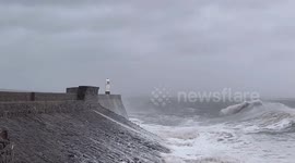 Waves batter the Welsh coast as storm Darragh hits the lighthouse at Porthcawl on Saturday 7th December 2024