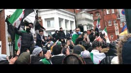 Syrian opposition singing at the rally outside the Russian embassy in London -7 Dec 2024