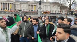 Syrians celebrating the fall of the Assad regime. Trafalgar Square, London, UK 08/12/2024