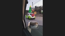 Grinch driving Christmas decorated car in Tijuana, Mexico