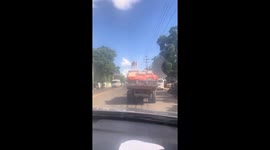Dog stands on truck while driving in San Pedro de Macorís, Dominican Republic