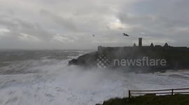 Storm Darragh hits Peel castle on the west coast of the Isle of Man 7th December 2024. Spray from the force 11 winds hitting the camera