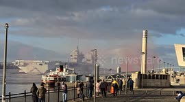 Prince of Wales aircraft Carrier leaving Liverpool Pierhead to a fireworks send-off