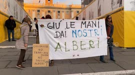 Demonstrators on the steps leading to Piazza del Campidoglio display a banner with the slogan ‘Hands off our trees’ against the felling of trees that affects many central areas of Rome, during the protest against the model imposed on Rome by the Gualtieri