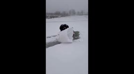 Child falls while helping father roll snow in Heilongjiang, China
