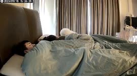 Bichon Frise dog walks all over sleeping couple to wake them up