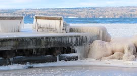 Cool frozen ice benches and icy rocks on Lake Superior