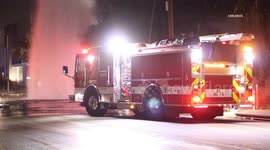 US, Los Angeles: Fontana Sheared Hydrant Showers Power Lines After Hit and Run Crash