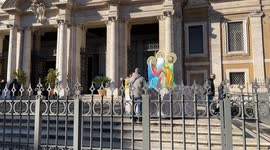 A representation of the Holy Family in front of the entrance to the Papal Basilica of Santa Maria Maggiore close to the Christmas period in Rome.