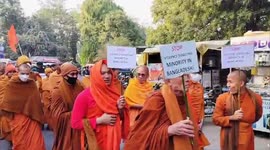 In Northern India Buddhist Monks in Bodhgaya protest march against atrocities on minorities in Bangladesh