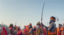Naga Sadhus showcase sword skills during Kumbh Mela in Prayagraj