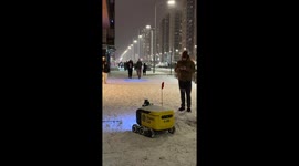 Pedestrian gives delivery robot stuck in snow a helping hand