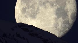 Extreme close-up view on near-full Moon setting behind swiss mountain with dozens of alpine choughs flying .