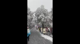 Hikers slip on icy hill knocking other walkers over like skittles