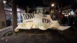 A large banner with the slogan ‘woman life freedom, from your mountains to our mountains’ moved by the wind during the demonstration called by the Kurdistan Italia Information Office with the slogan 'Defend Rojava' in Rome.
