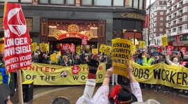 Christmas strike by workers at Harrods, the Science Museum, the Natural History Museum, the V&A Museum and the Department for Education outside Harrods in London