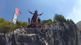 Base jump barrel roll Douggs POV camera angle, Shipwreck Bay, Greece