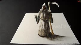 Drawing a 3D Grim Reaper, Trick Art