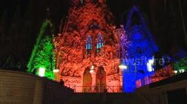 Spain: The Nativity Façade of the Sagrada Familia is illuminated for Christmas