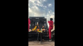 Giant Squid Game doll rises from boat on Bangkok river