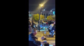 Driver tows trailer carrying huge pounding speaker