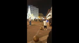 Boy trips while playing with finger rocket in Cartagena, Colombia