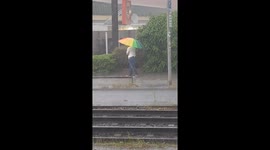 A man with a rainbow umbrella walks through pouring rain, completely unbothered.
