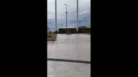 Boy overturns four-wheeled bicycle during fast turn in Sochi, Russia