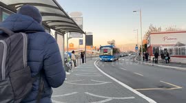 Arrival of a Cotral bus connecting to the Lido Centro in Rome metro stop and people taking the bus at Fiumicino.