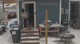 Woman slips and hits face in garbage bin in Sioux Falls, South Dakota, USA