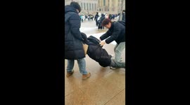 Person slips on icy road in Xinjiang, China