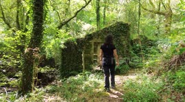 Exploring abandoned house in middle of nature surrounded by vegetation and grass. Woman explore forest.