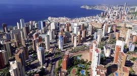 Aerial view of Benidorm cityscape and seascape from a drone perspective in the south of Spain