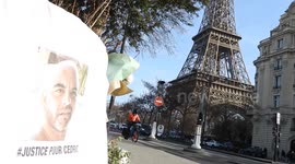 Flowers in homage to Cedric Chouviat died following a controversial police control on January 3,2020 in Paris,France,next to the Eiffel Tower. (4 January 2025)