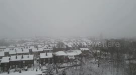 Drone view of winter wonderland snow in Leeds, West Yorkshire