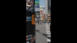 Unique view of busy Shibuya crossing in Tokio in the morning.