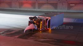 US, Los Angeles: Buena Park Overturned Box Truck on Southbound 5 Freeway