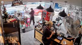 Wind blows shop awning knocking over coffee on table