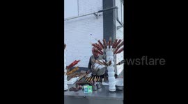 Sweet Chinese snacks swarmed by bees on street food stand